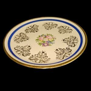 Royal China 22KT Gold Bread Plate Blue Band Floral Vintage USA